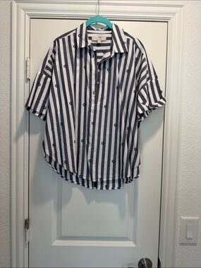 LOFT Navy and White Striped Short Sleeve Button Down Shirt